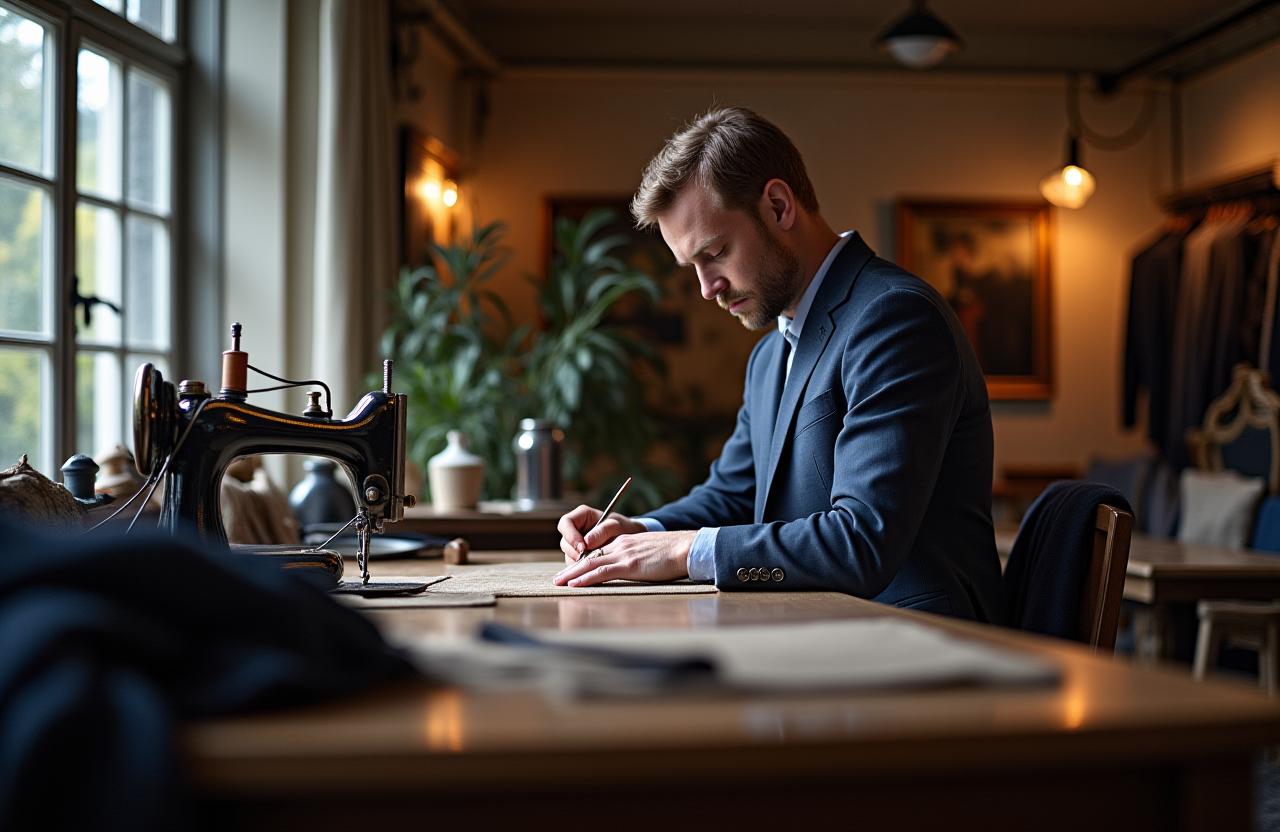 Ein meisterhafter Schneider bei der Arbeit in einem eleganten Atelier in Zürich.