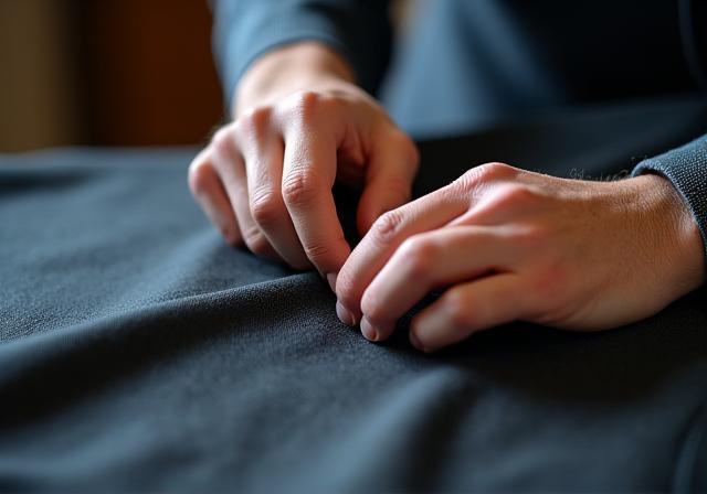 Nahaufnahme einer Hand, die eine feine Naht an einem massgeschneiderten Anzugjackett näht.